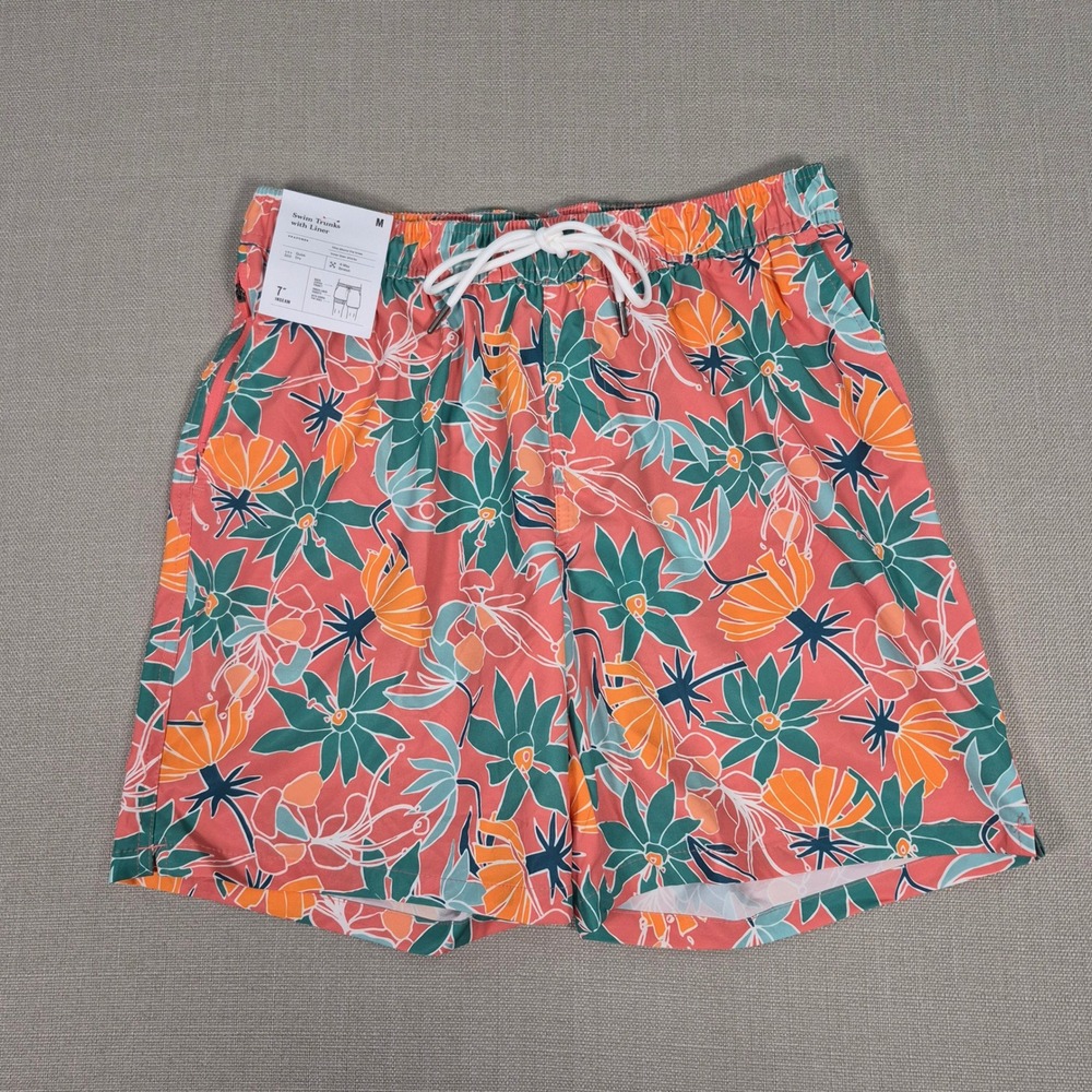 Goodfellow & Co Mens Floral Swim Trunks Coral Teal Orange 7" Inseam Size M NWT
